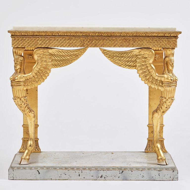 A late Gustavian giltwood console in the manner of J. Frisk, Stockholm, early 19th century.