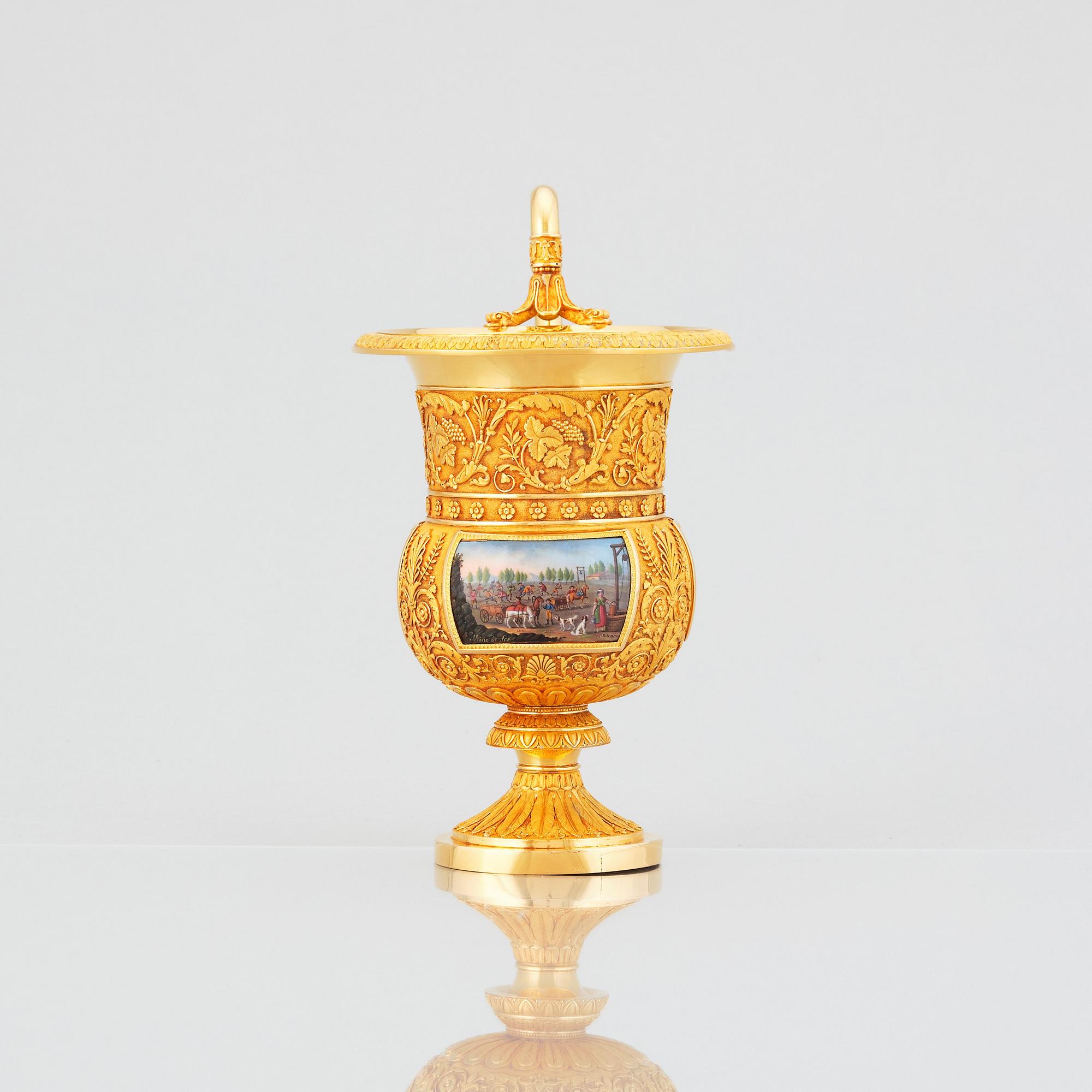 Paradkopp med fat, "The Demidoff cup", guld och emalj, Gabriel-Raoul Morel, Paris, daterad 1824.