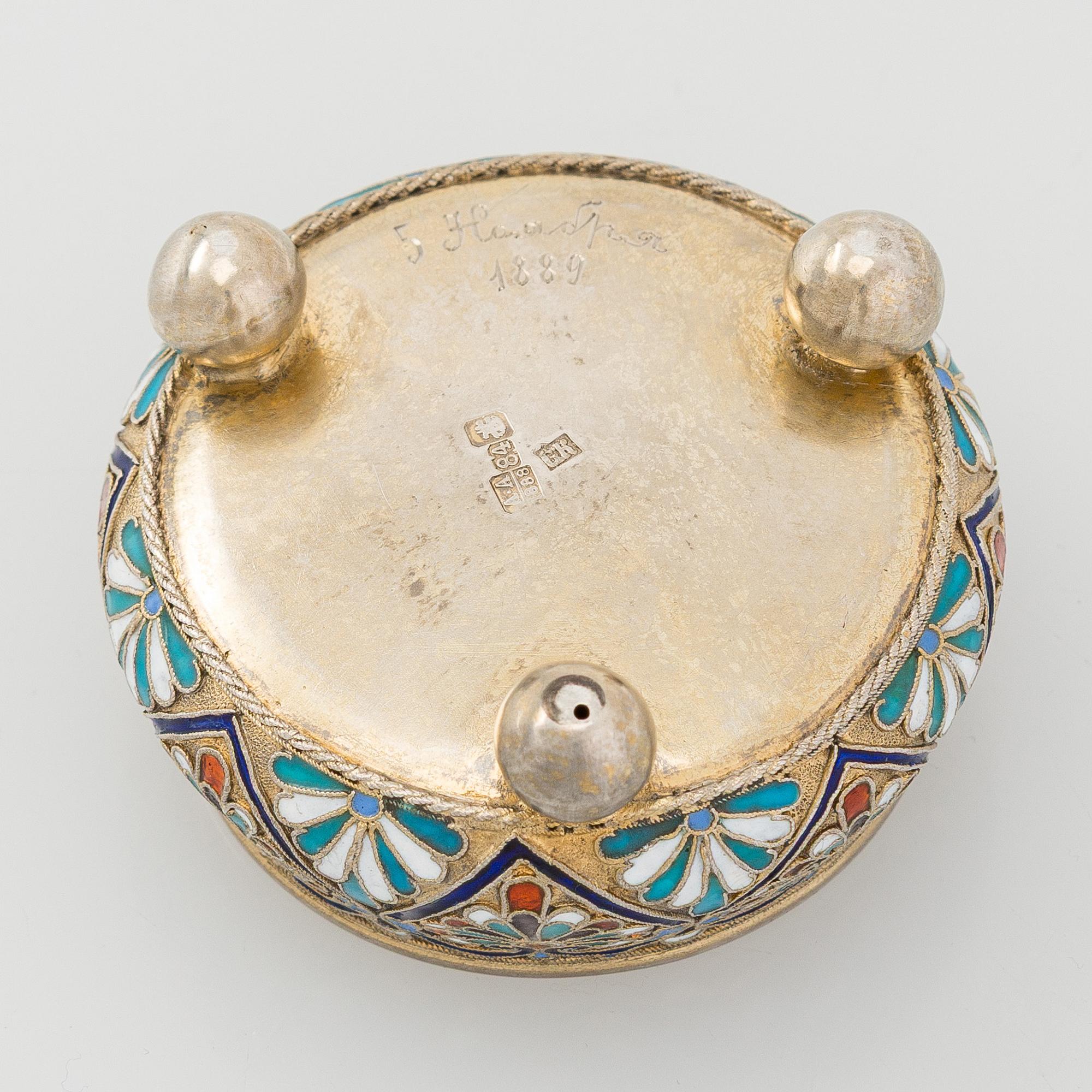 Semen Kazakov, saltkar, cloisonné-emalj och silver, delvis förgyllt, Moskva 1888.