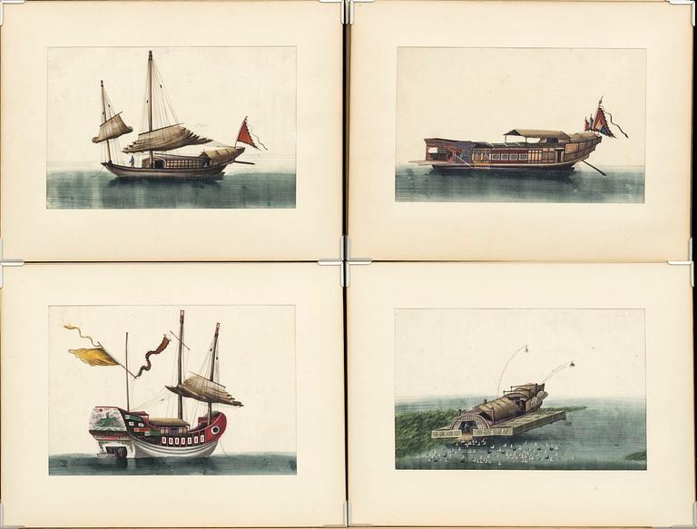 A set of 12 maritime Chinese watercolours on paper by an unknown artist, Qing dynasty, 19th Century.