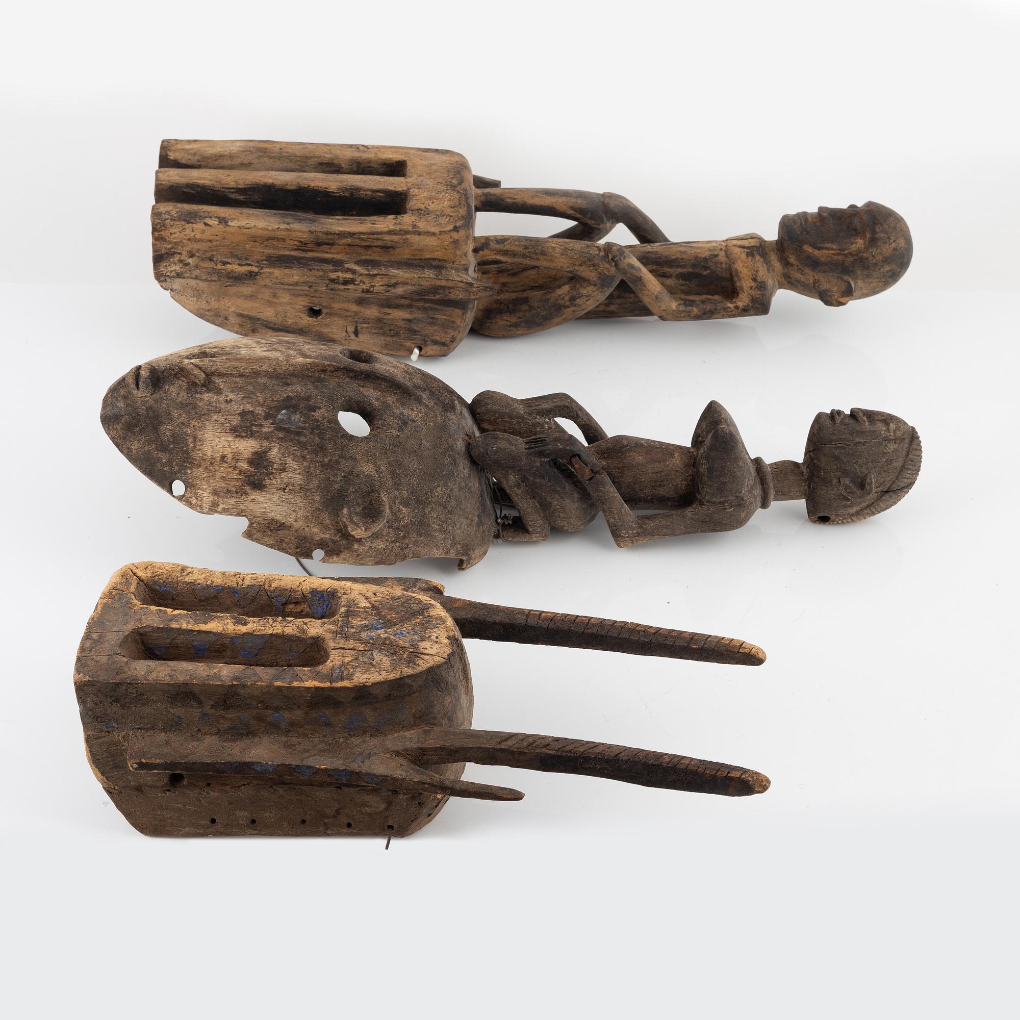 Skulpturer/masker, 14 st, enligt uppgift från Mali, 1900-talets andra hälft.