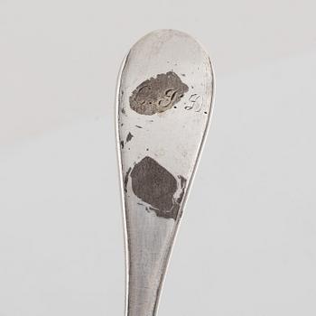 Two Swedish Silver Sprinkle Spoons, marks of  Nils Arf, Stockholm 1790, and Carl Gustaf Hjulström, Köping 1828.