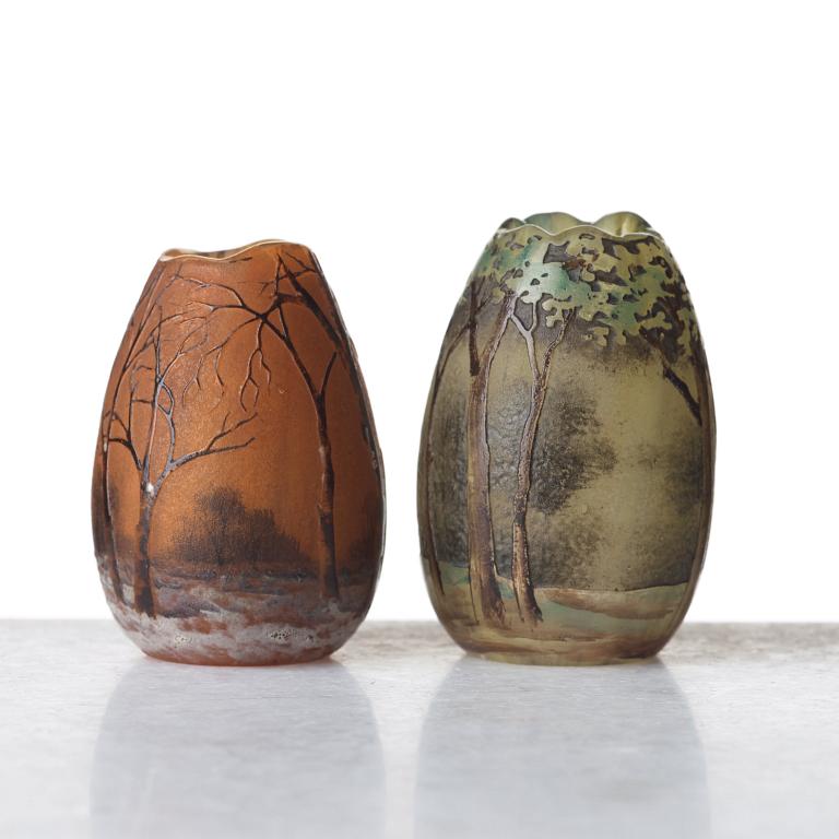 Daum, two Art Nouveau etched and enamel painted glass vases, Nancy, France.