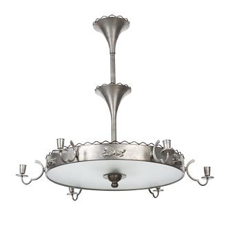 669. An Anna Petrus/ Svenskt Tenn pewter and brass chandelier, Sweden 1920's-30's.