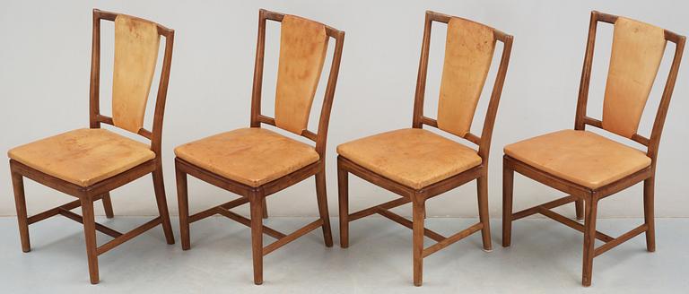 Nordiska Kompaniet, A set of four Carl-Axel Acking walnut and beige leather chairs, Nordiska Kompaniet (NK), ca 1947.