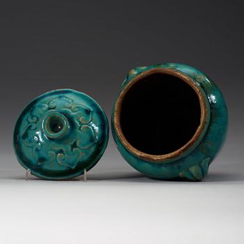 A turquoise-glazed jar with cover, Ming dynasty (1368-1644).