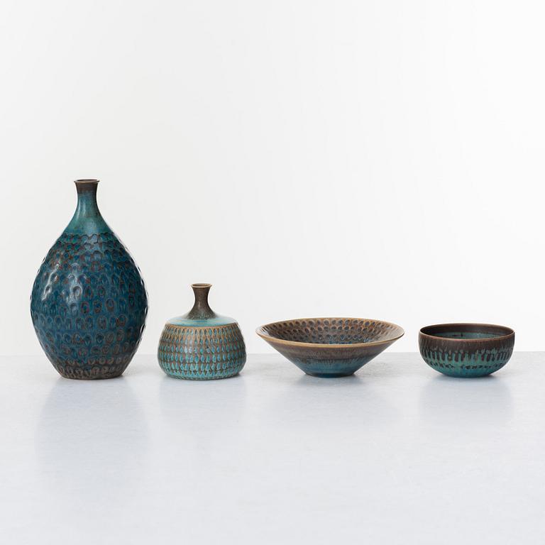 Stig Lindberg, a set of two stoneware vases and two bowls, Gustavsberg studio, Sweden 1958-61.