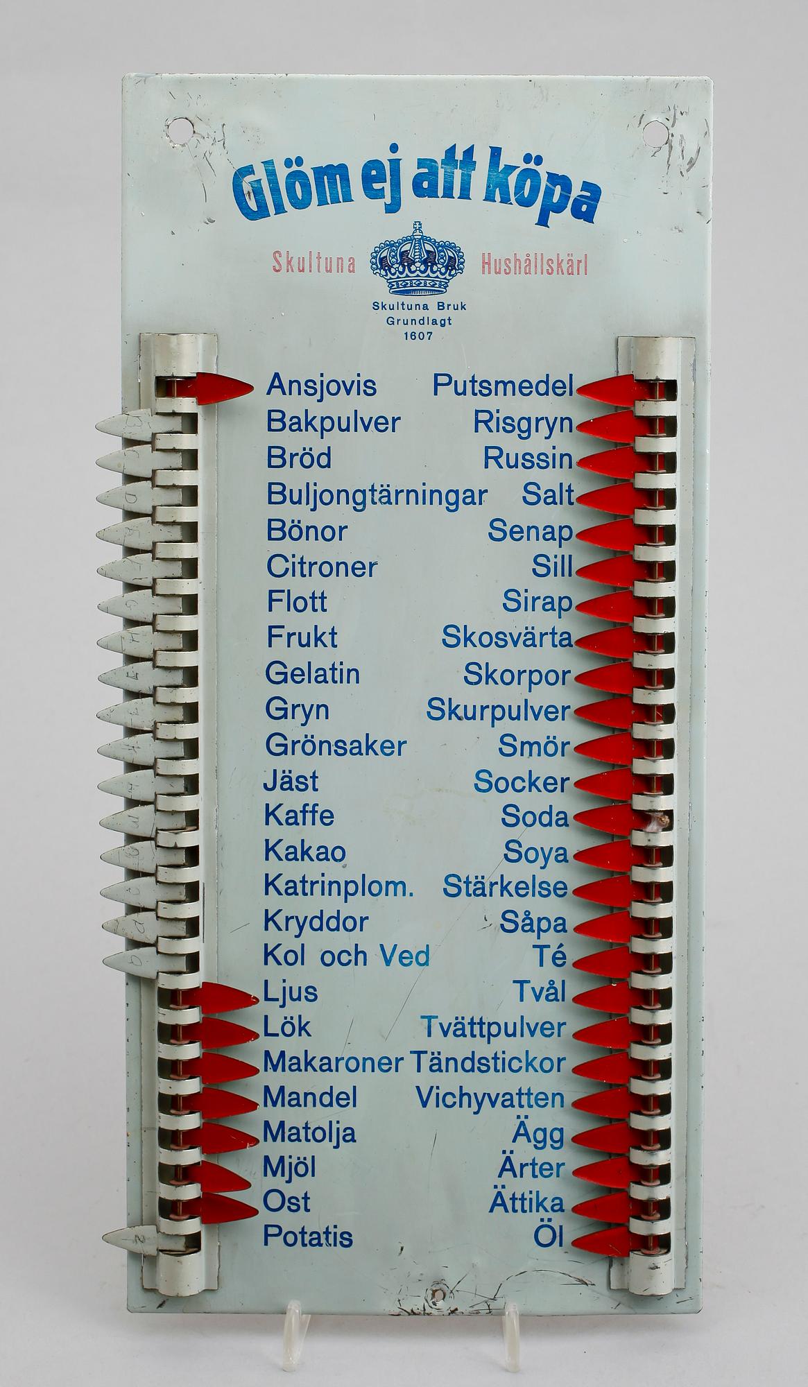 INKÖPSSKYLT, plåt, Skultuna Bruk, tidigt 1900-tal.