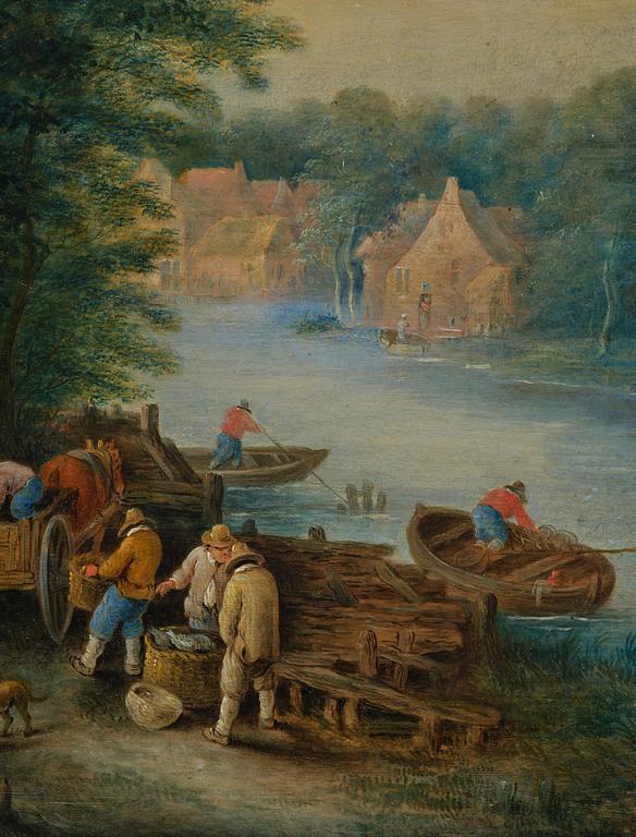 Theobald Michau, attributed to, Landscape with figures, domesticated animals, and boats by the river.