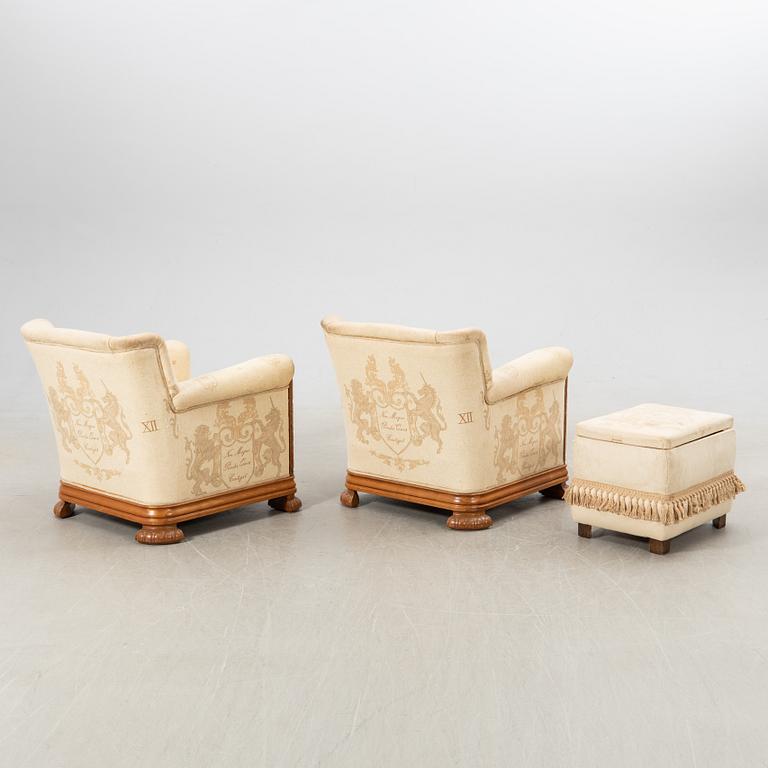 Armchairs, a pair, and footstool, Baroque style, 1940s.