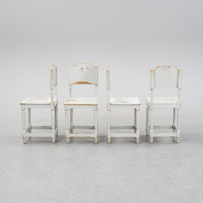 Four painte pine chairs, 19th Century.