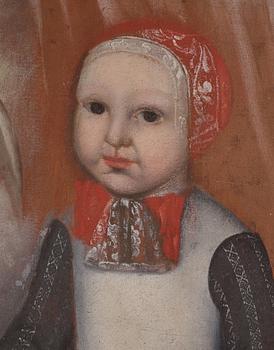 Okänd konstnär, 1600-tal, Minnesporträtt av en flicka vid 1 års ålder hållandes rosor och fickur.