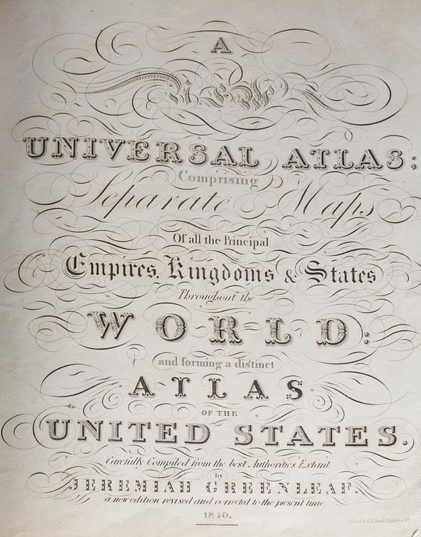 VÄRLDSATLAS, Jeremiah Greenleaf's Universal Atlas, Printed by G.R. French Brattleboro Vt, 1840.