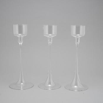Ingeborg Lundin, a set of three glass candlesticks, Orrefors.