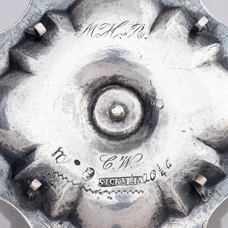 A pair of Swedish 18th century silver chamber-candlesticks, marks of Jürgen Friedrich Sickman, Stockholm 1757.