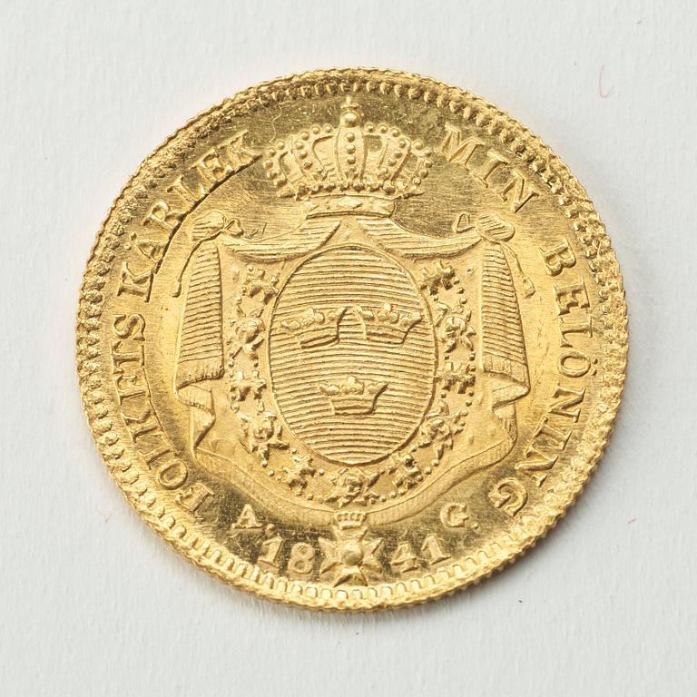 A gold 1 ducat coin Karl XIV Johan of Sweden, 1841.