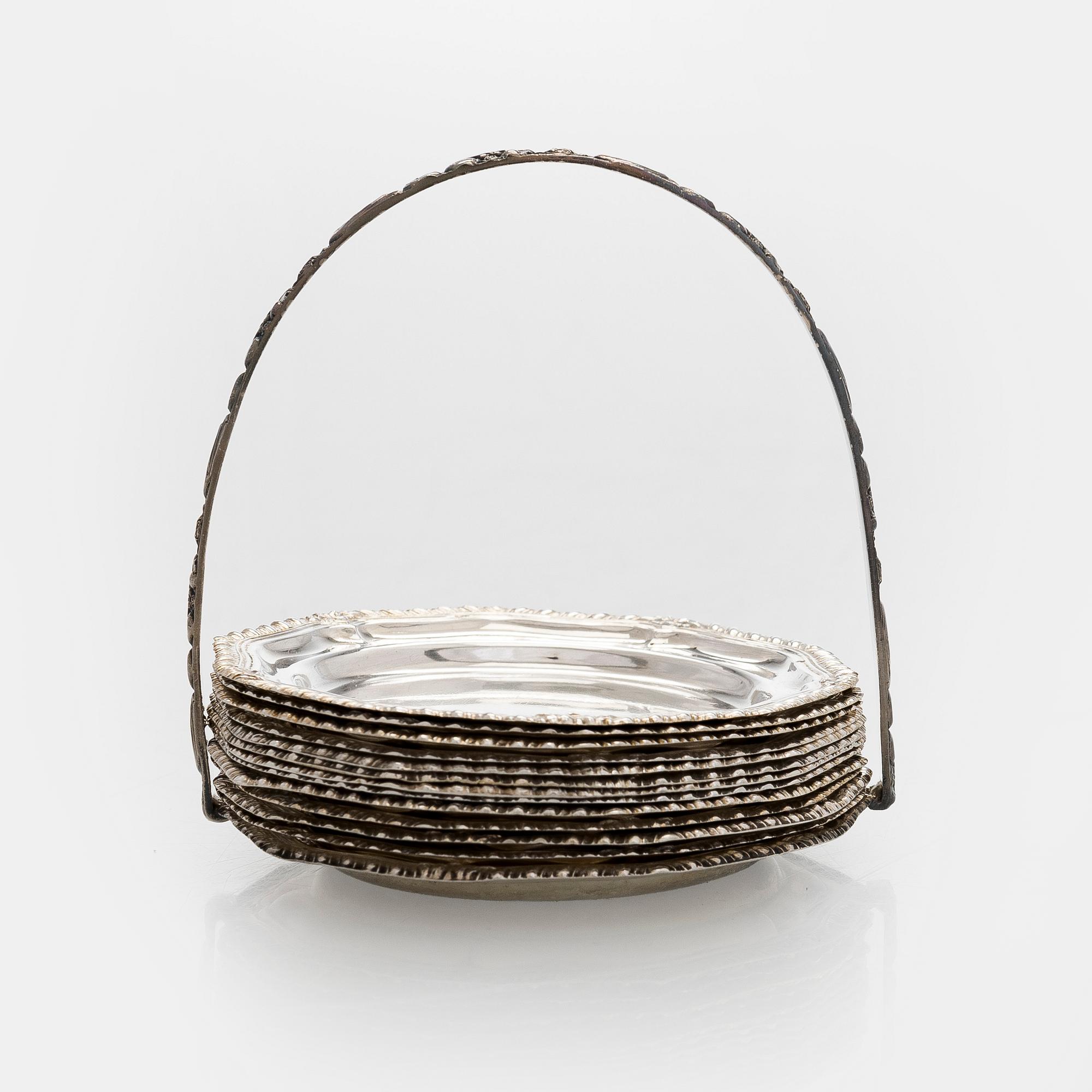 Lasinaluset telineessä, 12 kpl, hopeaa, Tšekkoslovakia 1950-luku.