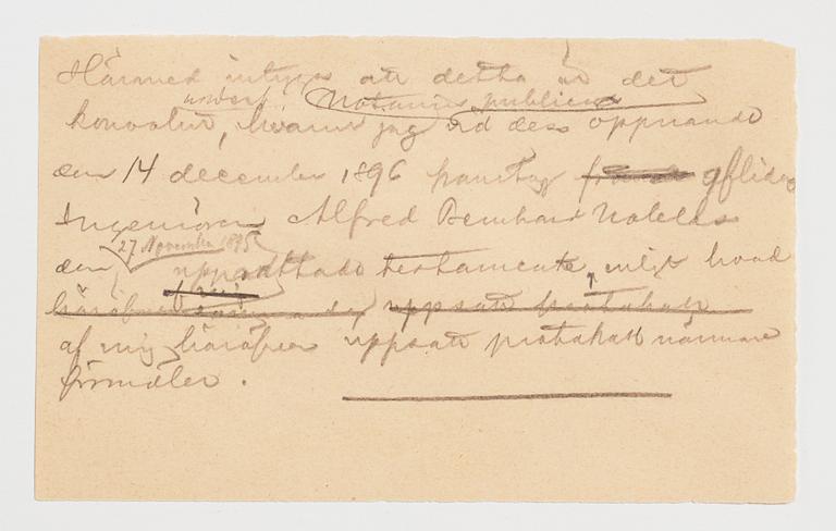Konvolutet till Alfred Nobels testamente 1895, egenhändigt rubricerat: Testamente /My Will och signerat samt lacksigill.