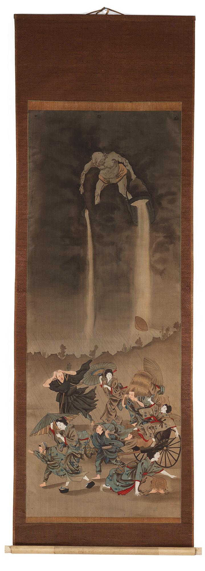 RULLMÅLNINGAR, sex stycken, tusch och färg på papper. Japan, Meiji (1868-1912).