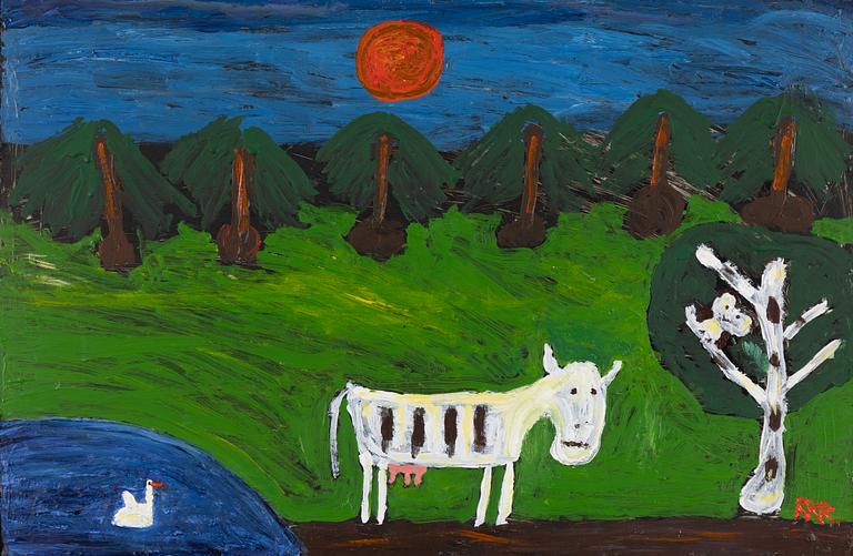 Roger Risberg, Summer landscape with cow, owl and swan.