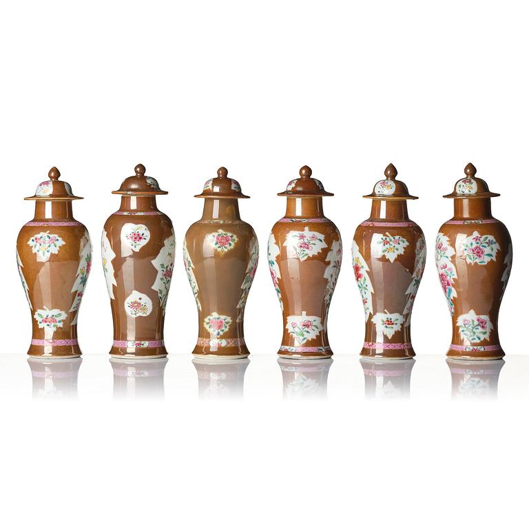A matched six-piece famille rose garniture, Qing dynasty, Qianlong (1736-95).