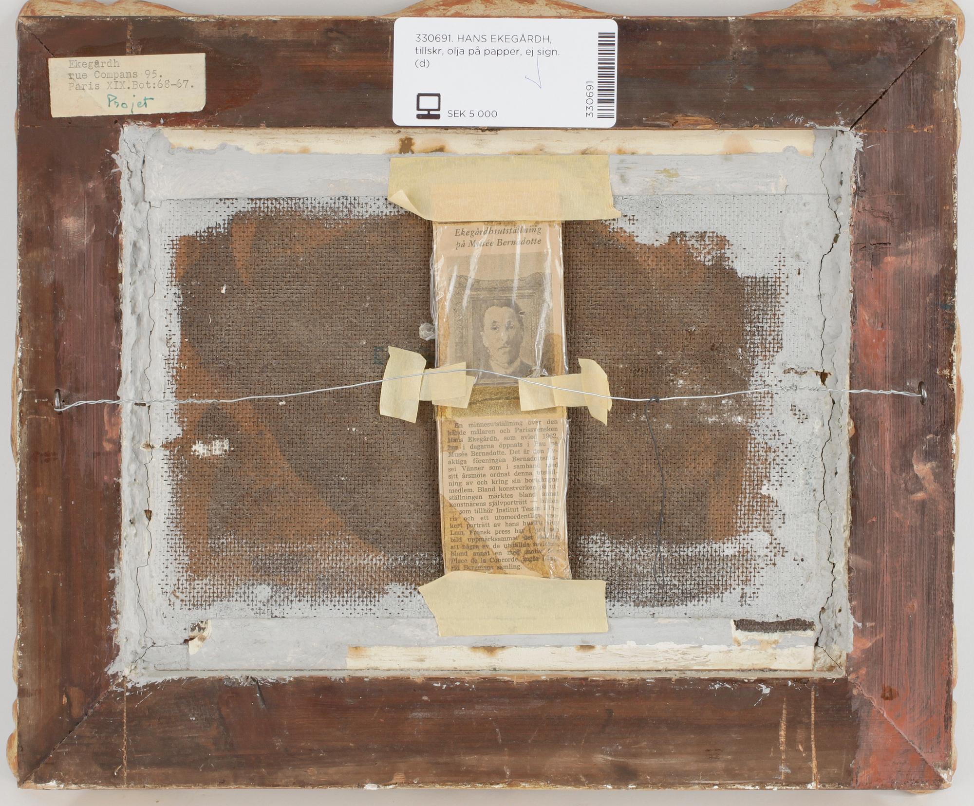 HANS EKEGÅRDH, tillskr, olja på papper, ej sign.