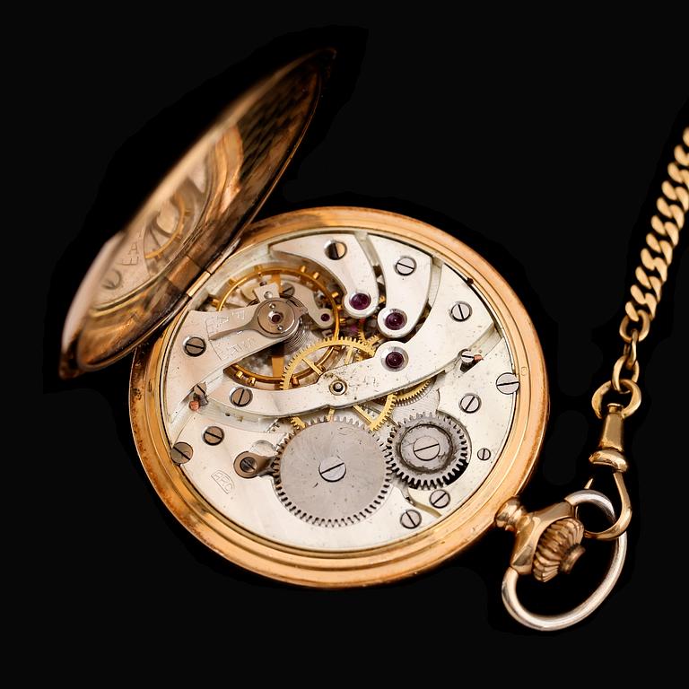 FICKUR, 14 k guld med kedja 18 k guld, savonett,märkt Linderoth, Stockholm, 1930/40-tal. Tot vikt med urverk ca 90 gram.