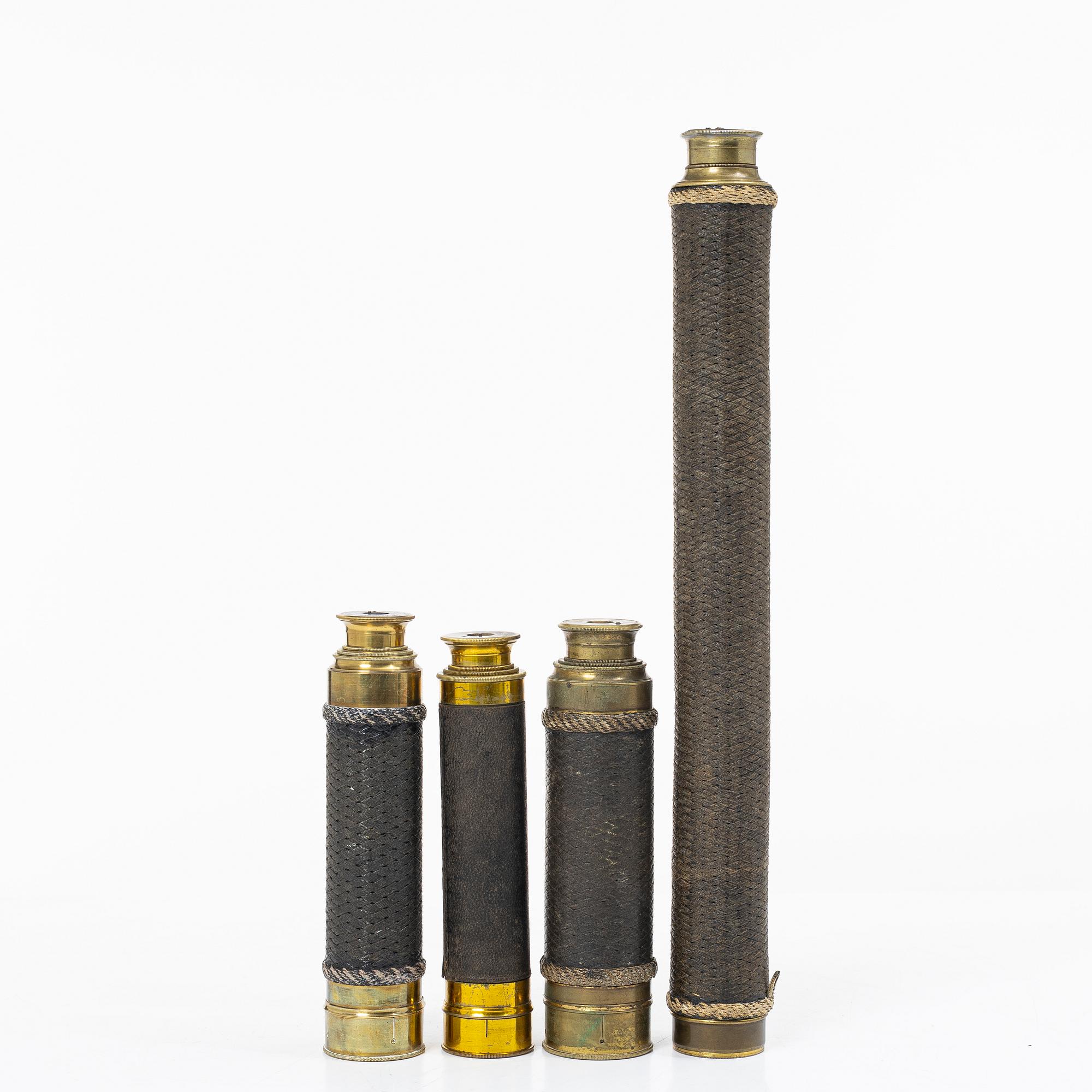 Four telescopes, 19th/20th century, one marked CG Collin, Stockholm.
