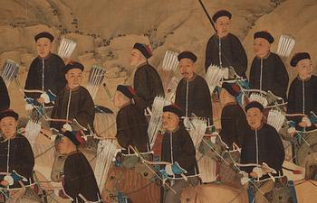 A large hand scroll of an imperial hunting part, Qing dynasty.
