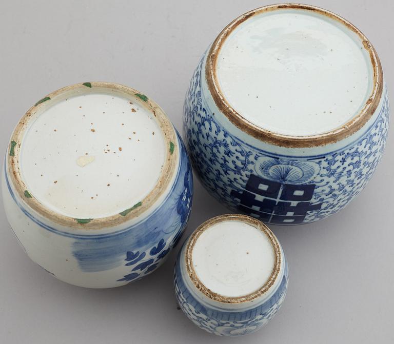 A set of three odd blue and white jars, late Qing dynasty, 19th Century.