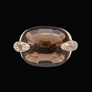 An 18K gold Pomellato "Pin Up" ring set with smoky quartz and round brilliant-cut diamonds.