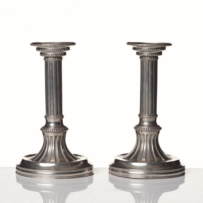 A pair of Gustavian pewter candlesticks by R Ryman 1784.