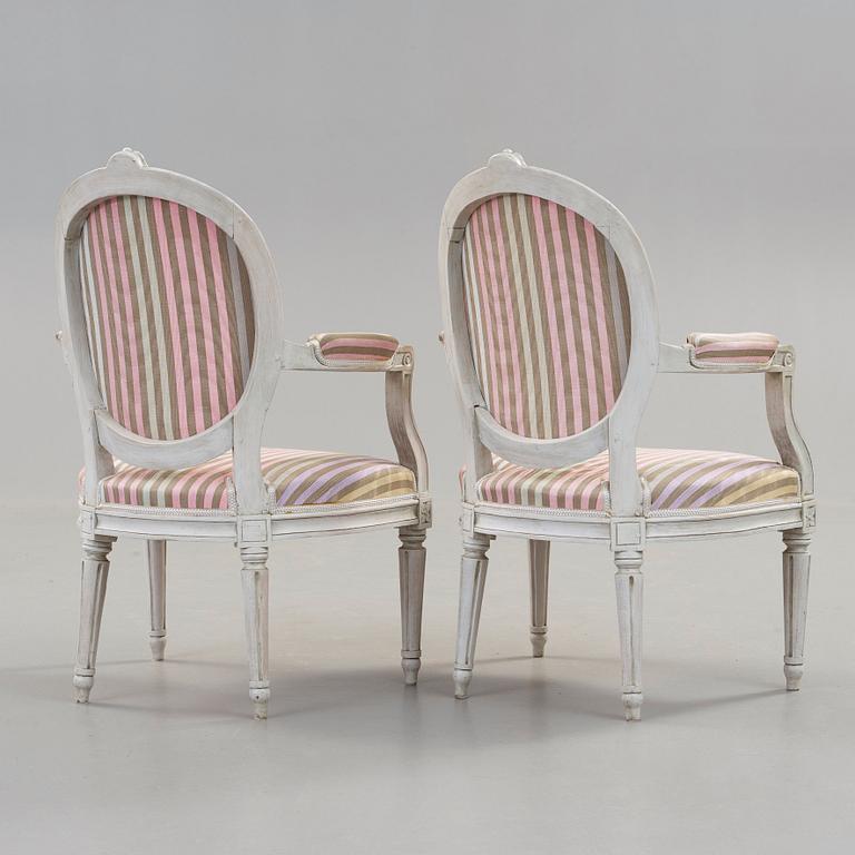 A pair of Gustavian late 18th century armchairs by Erik Öhrmark, master 1777.