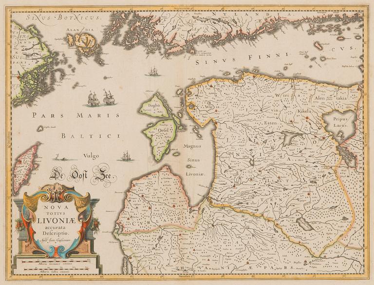 Karta, Nova Totius Livoniae, handkolorerat, kopparstick, Janssonium ca 1660.