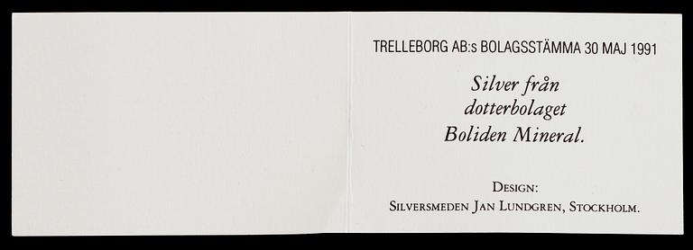 SILVERTACKA, bolidensilver, Jan Lundgren, Stockholm, signerad, 1991. Vikt ca 104 gram.
