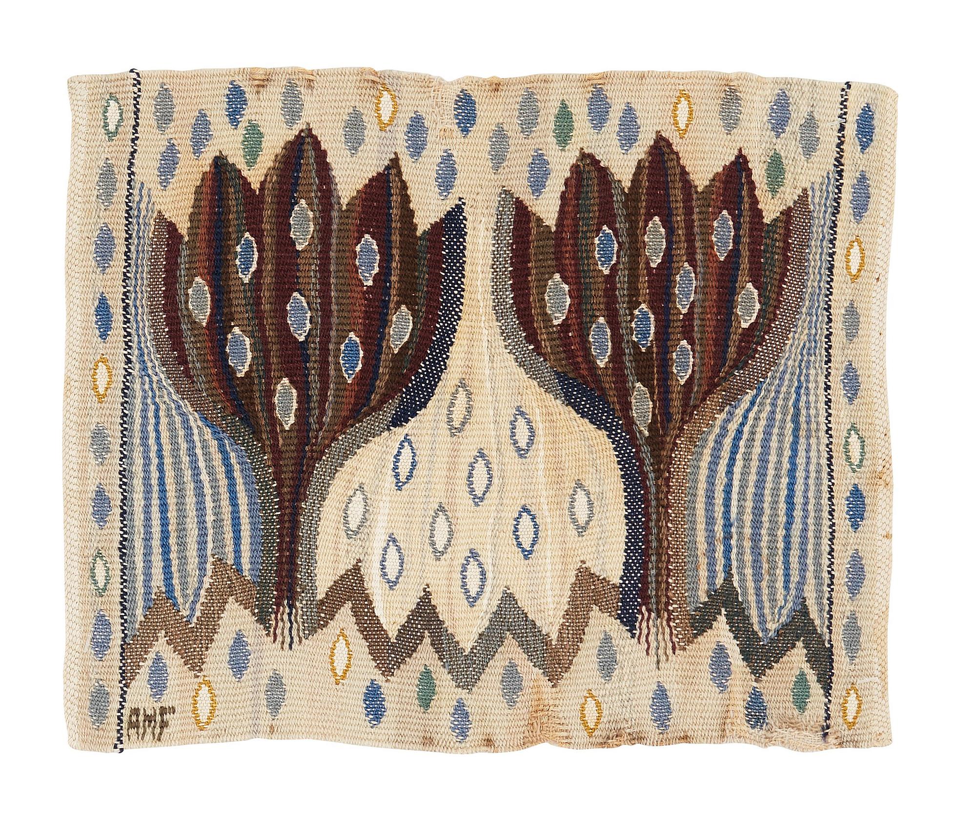Ann-Mari Forsberg, född Lindbom, vävnad, "Blå crocus", gobelängvariant, ca 31,5-32 x 39-39,5 cm, signerad AMF.