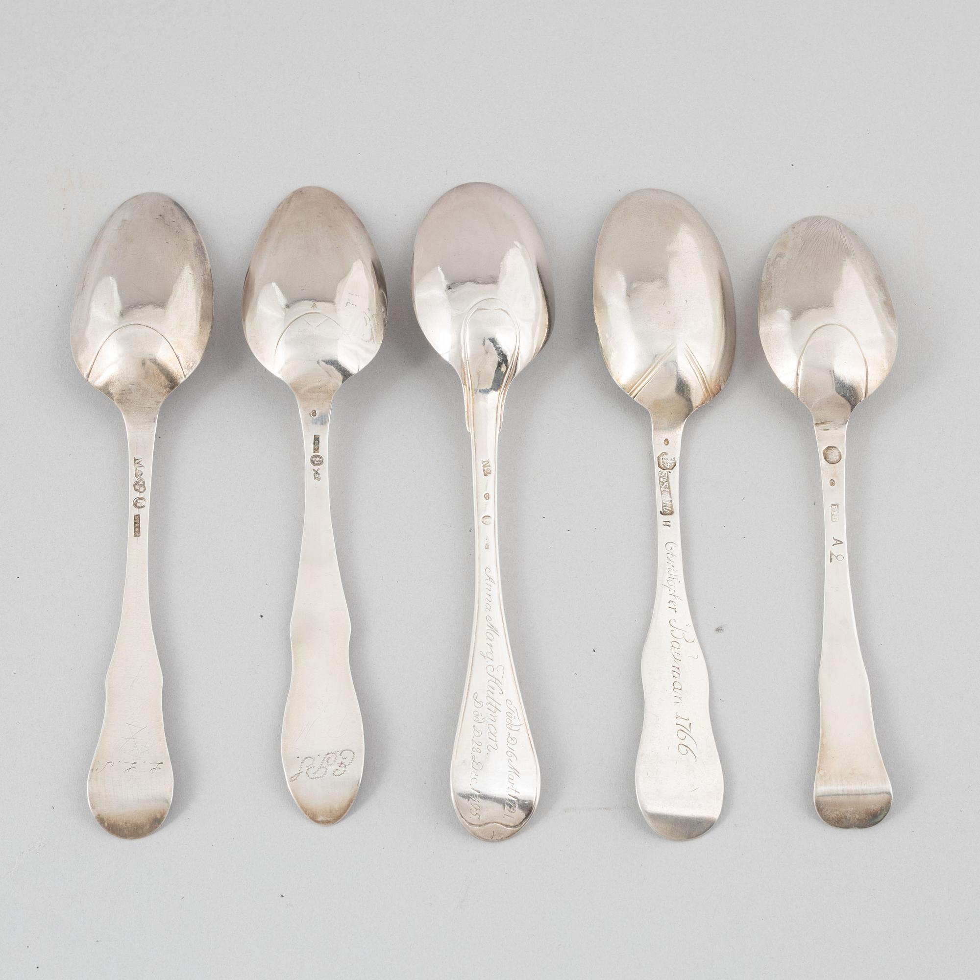 Skedar, 5 st, silver, bl a Stephan Westerstråhle, Västervik 1766.