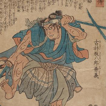 UTAGAWA KUNIYOSHI (1797/98-1861), triptyk, färgträsnitt. Japan, "Stories of the True Loyalty of the Faithful Samurai".