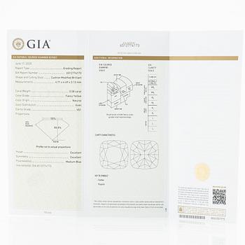 Cushionformad gul diamant, 0.58 ct, medföljande GIA report.