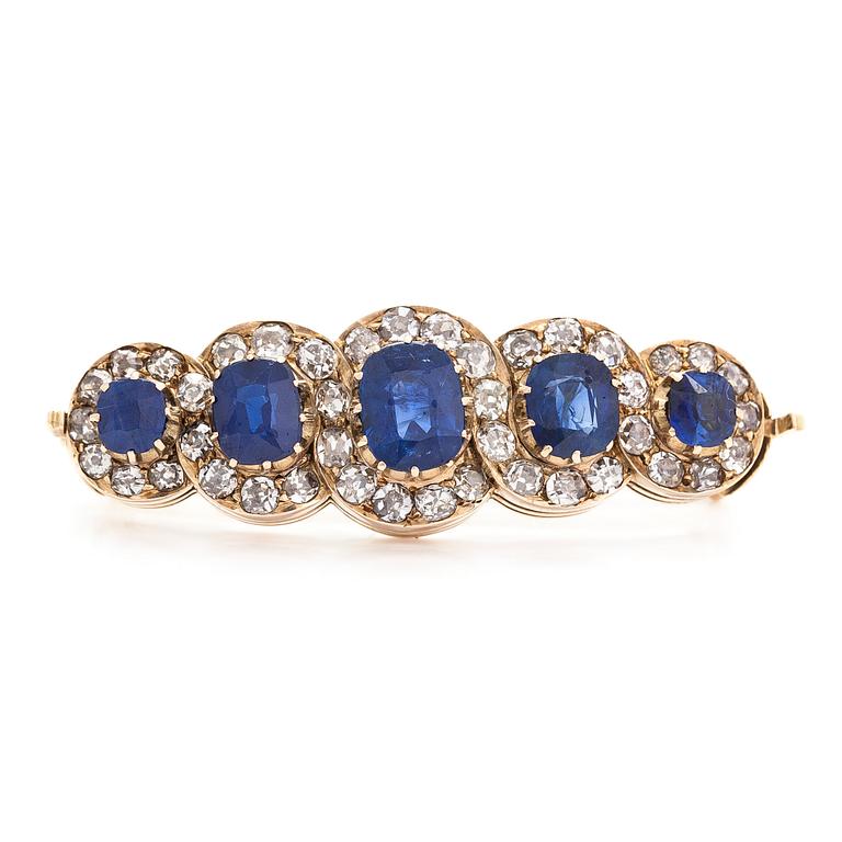 Rintaneula, 14K kultaa, safiireja ja vanhahiottuja timantteja.