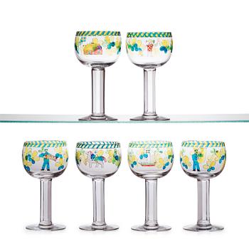 A set of six Gunnar Cyrén enameled glass goblets, Orrefors 1968.