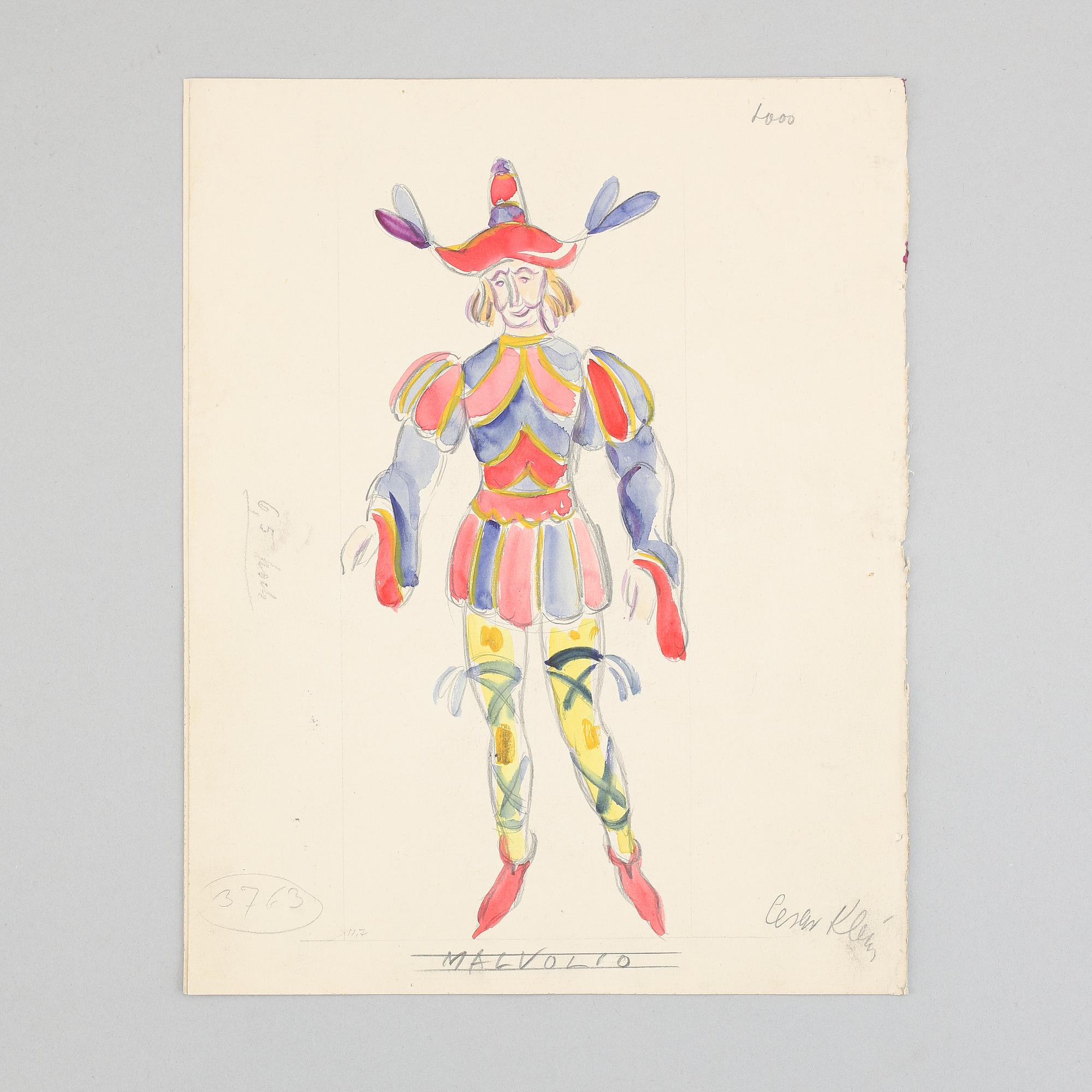 Seven costume sketches by César klein from Shakespears Twelfth Night, signed.