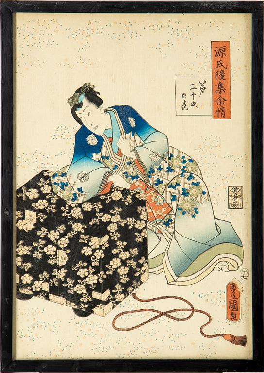 UTAGAWA KUNISADA,  (1786–1864), färgträsnitt, två st. Japan, från "Lingering Sentiment", 1800-tal.
