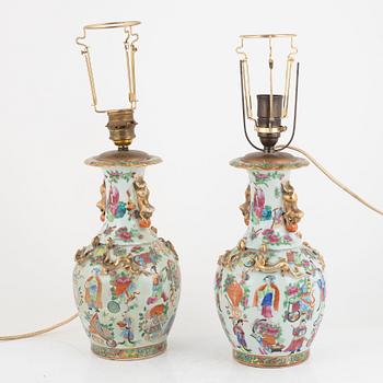 A pair of Canton porcelain vases/lamps, China, second half of the 19th century.