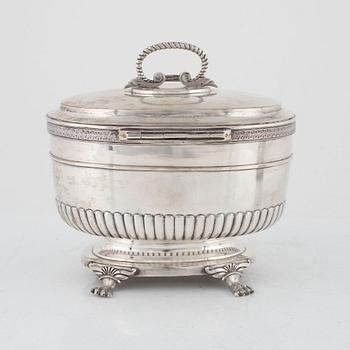 A Swedish 19th century silver sugerbowl, mark of Gustaf Möllenborg, Stockholm 1826, silver sugar tong, mark L.Boye, 1779.