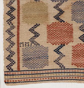 WEAVINGS, 3 pcs., Two "Skaftblomman", 133,5 x 48 and 41 x 39,5 cm. One "Lövendal", 38,5 x 40,5 cm. Flat weave (inplock på linnebotten). Signed MMF.