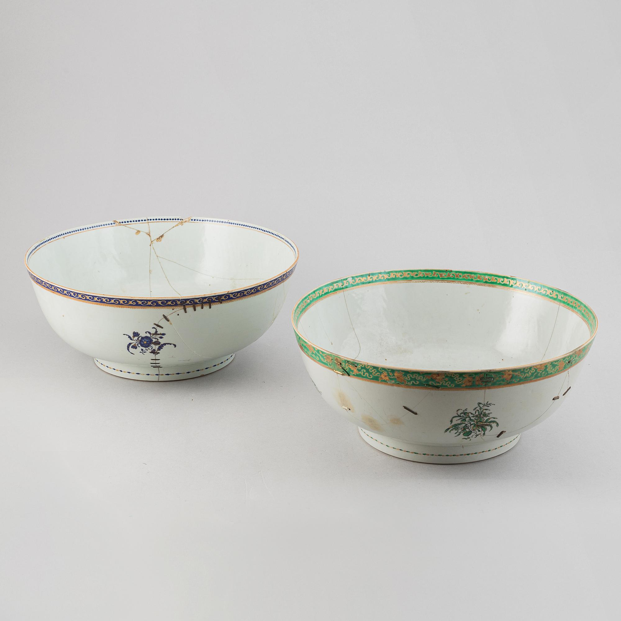 Two large famille rose and gilt punch bowls, Qing dynasty, 18th century.