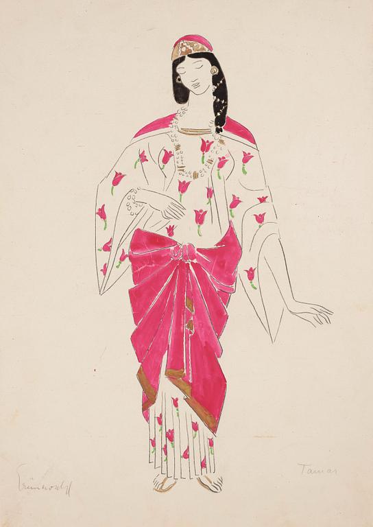 Isaac Grünewald, Costume sketch - woman in a dress with rose pattern.