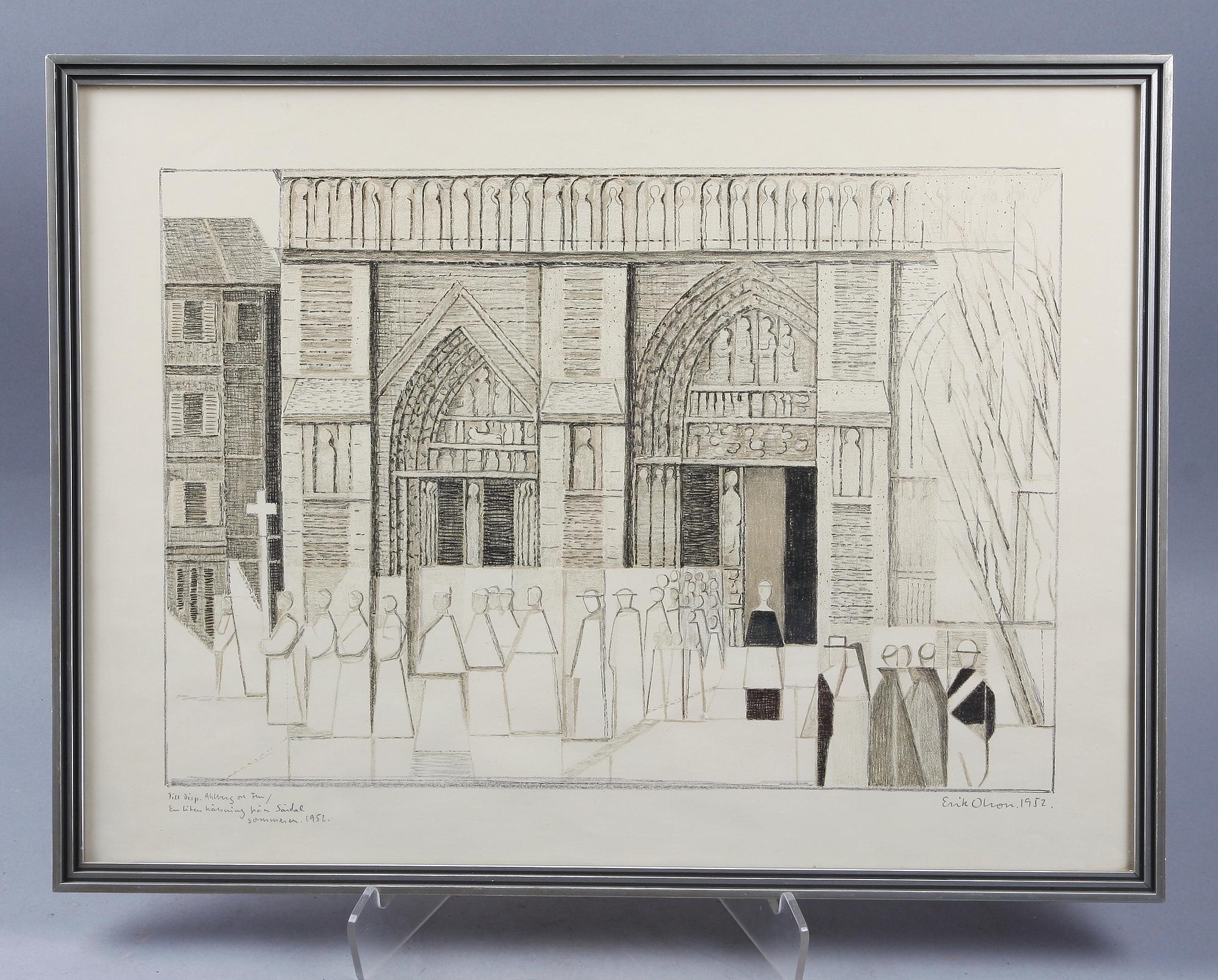 ERIK OLSON, blyertsteckning, sign o dat 1952. Med tillskrift.