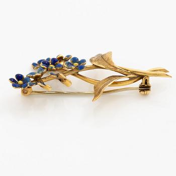 Brosch i form av en blombukett 18K guld med blå emalj.